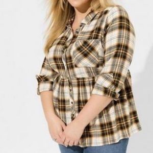 TORRID Long Sleeve Peplum Button Down Plaid Top Size 1 1x Black Yellow White